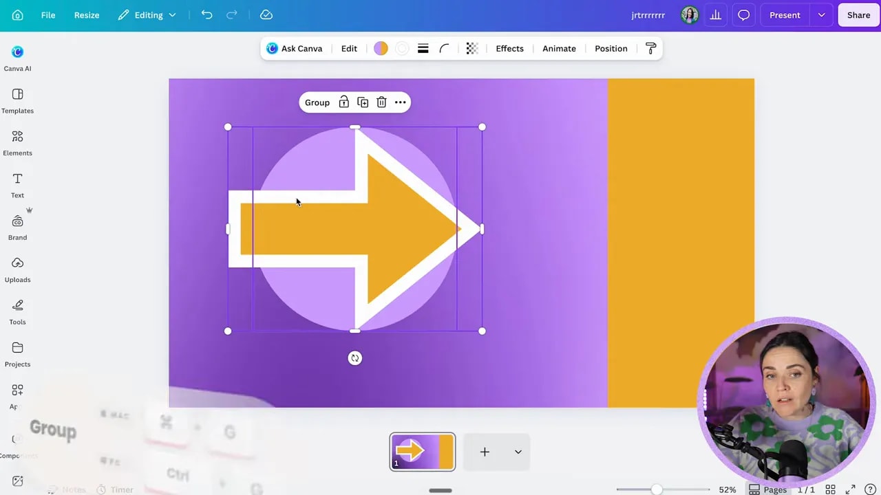 Canva canvas showing an arrow and circle selected together with group shortcut tips