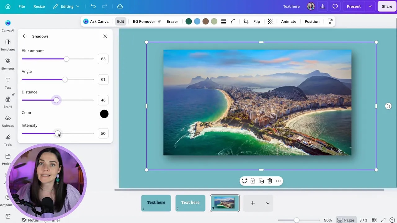 Canva photo with a soft shadow and shadow adjustment settings visible