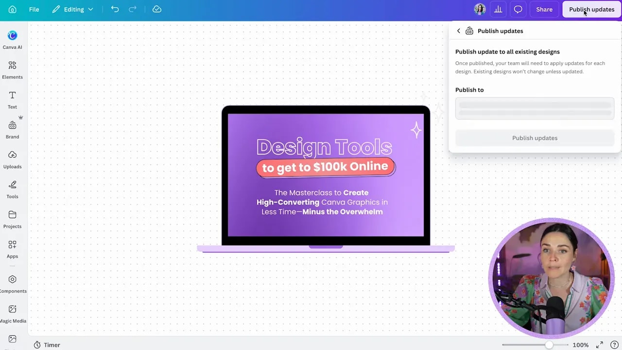Canva component source editor with publish updates panel open