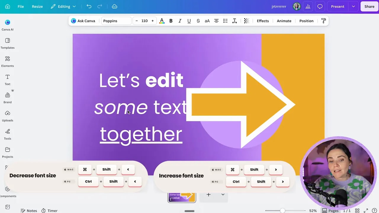 Canva design showing a selected text box and text size shortcut controls