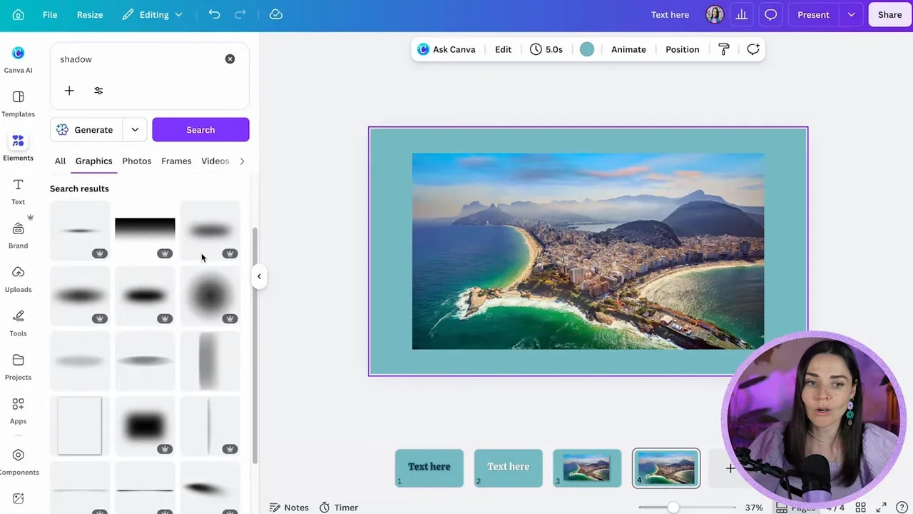 Canva Elements panel showing a grid of shadow graphic options