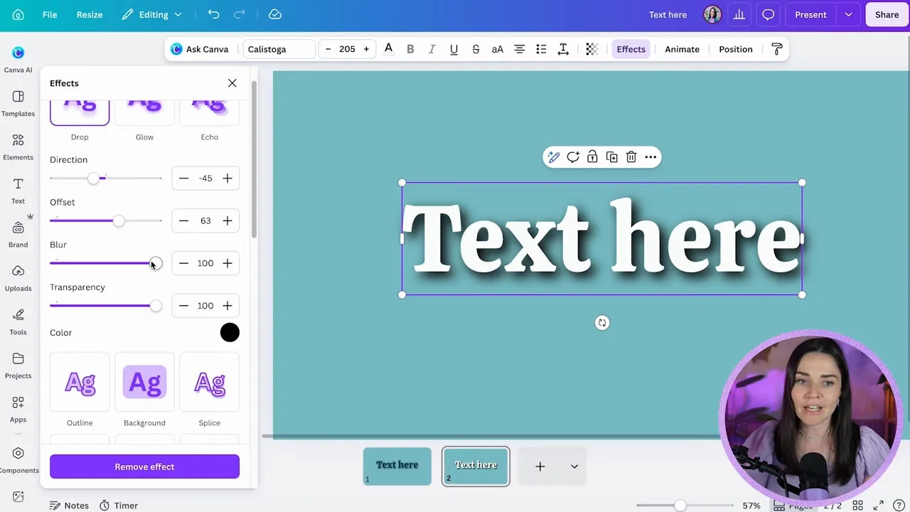 Canva text effects panel showing drop shadow adjustment controls beside white text