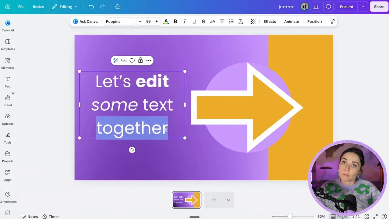 Canva text box with a selected underlined word and underline shortcut overlay