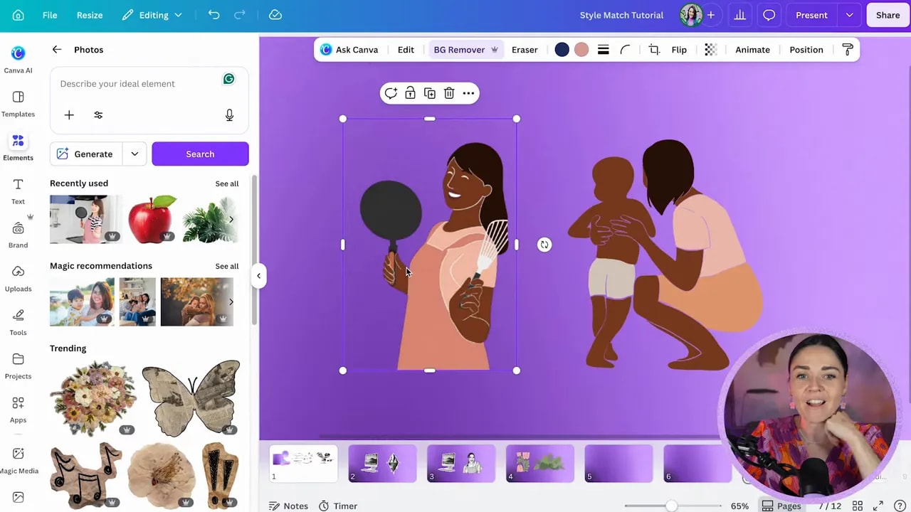 Canva canvas showing a woman holding a frying pan transformed into a flat illustrated style beside a family illustration reference