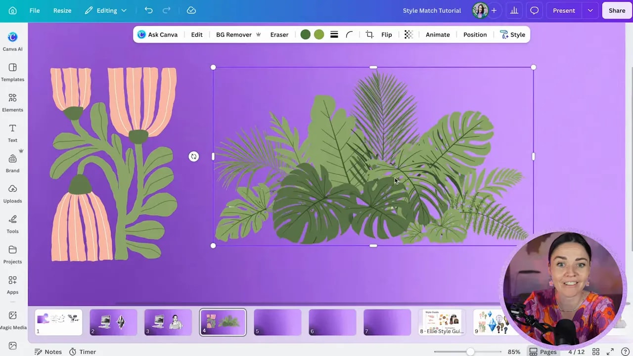 Canva canvas comparing a floral illustration reference with a stylised foliage image created from a photo