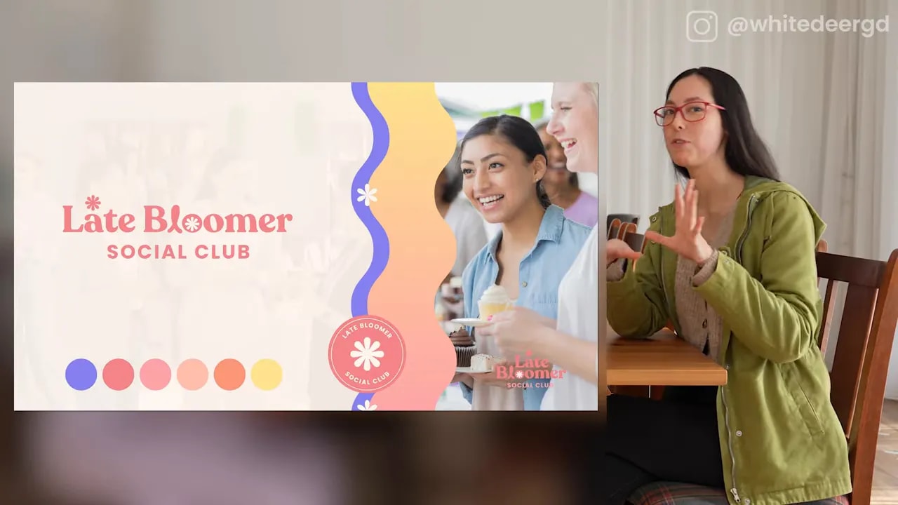 Late Bloomer Social Club design board with pink logo, wavy purple and coral shapes, colour palette and smiling woman photo