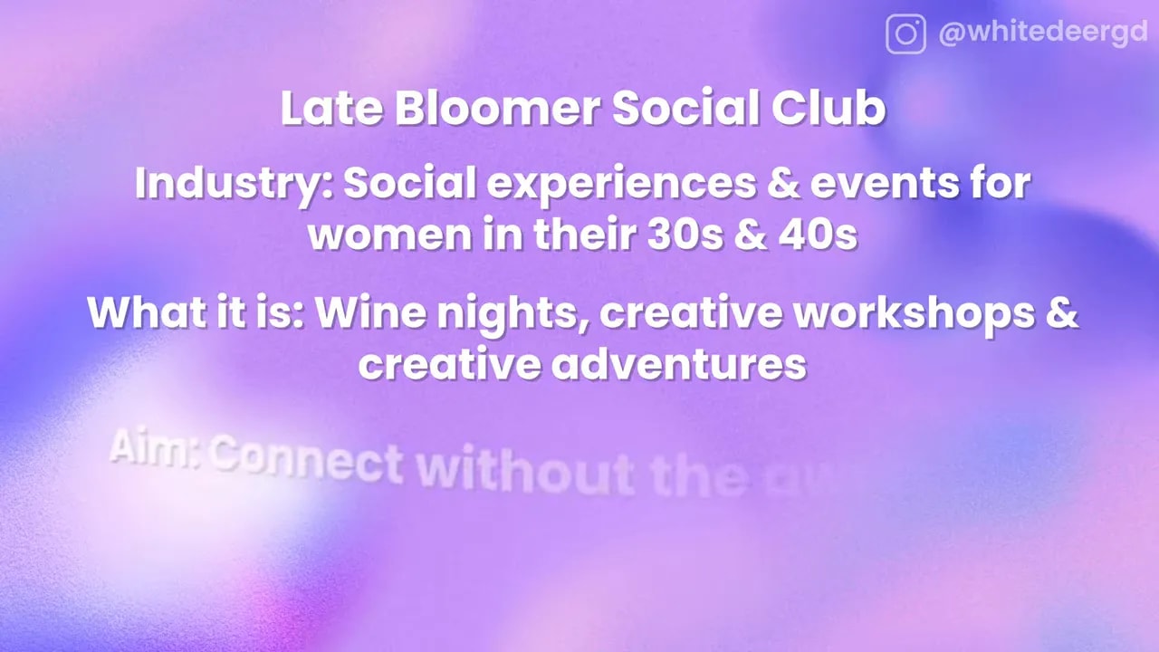 Purple brief slide describing Late Bloomer Social Club social events for women in their 30s and 40s