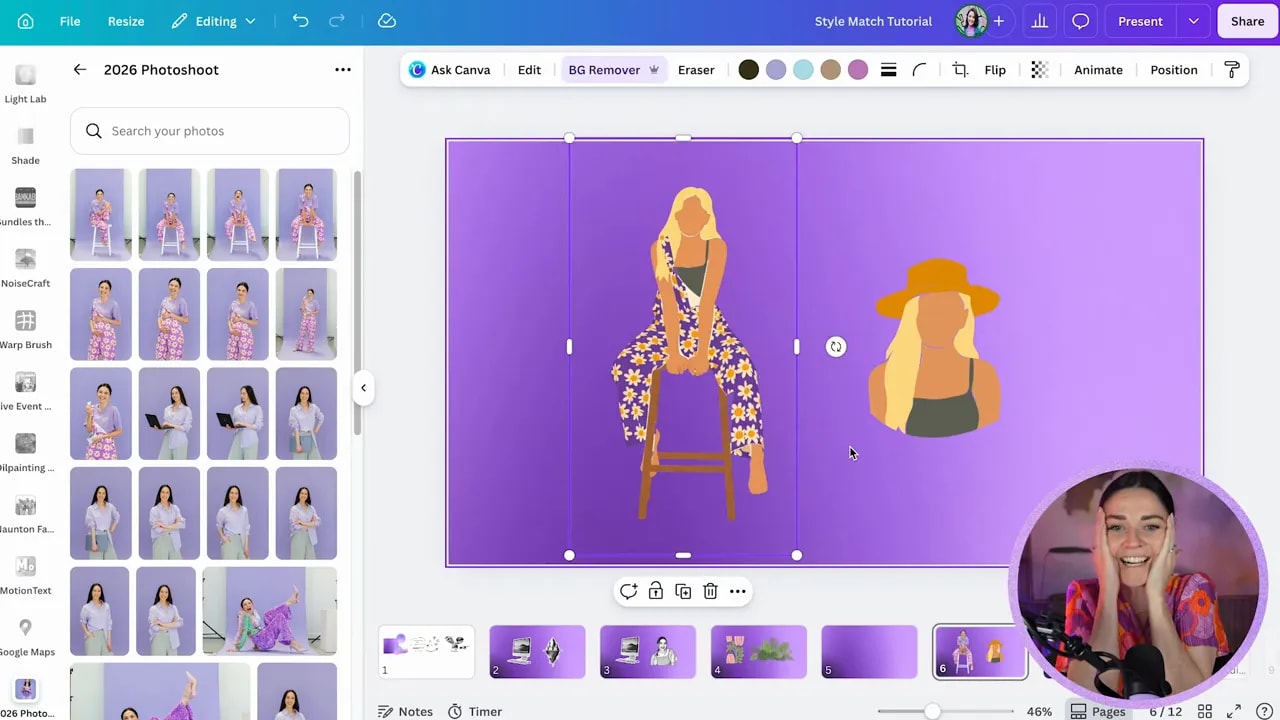 Canva canvas showing a photo of a woman on a stool transformed into a colourful flat illustration beside a reference character graphic