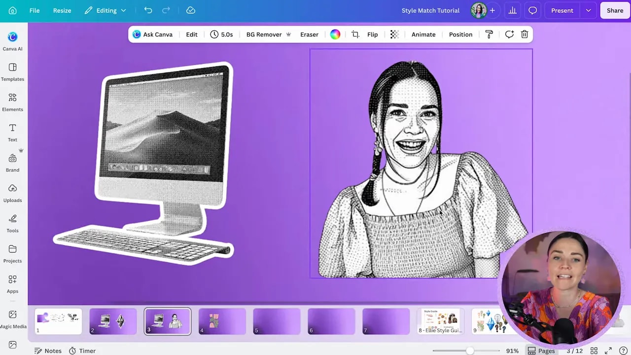 Canva canvas showing a retro computer graphic beside a black and white illustrated portrait made from a photo