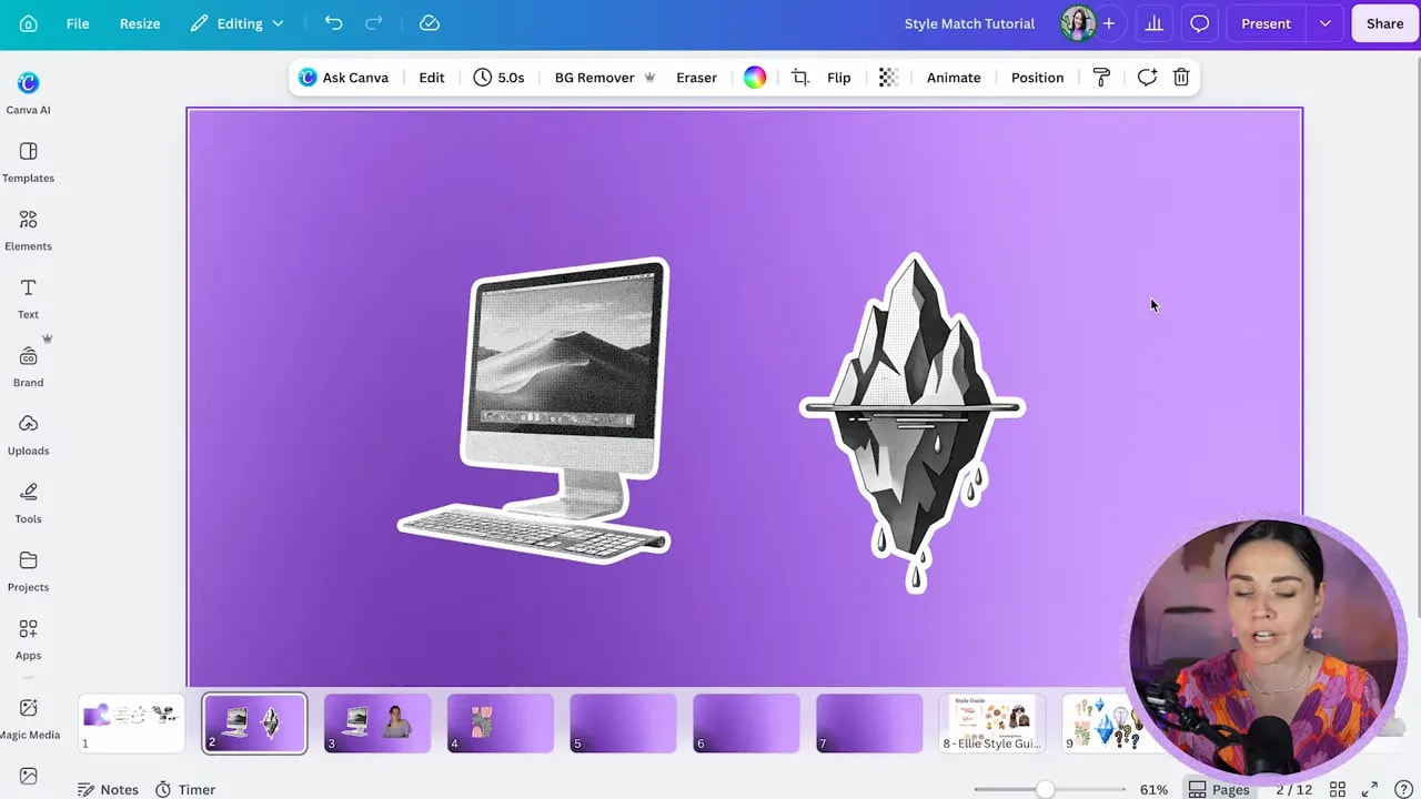 Canva canvas showing a black and white halftone iceberg beside a retro computer reference graphic
