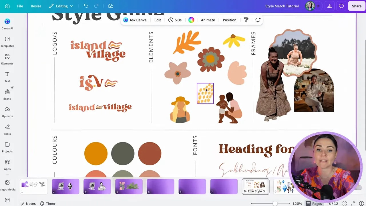 Canva style guide showing logo variations, warm colour palette, floral elements, collage imagery and font examples