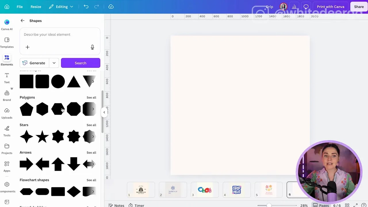 Canva elements panel displaying basic black geometric shapes