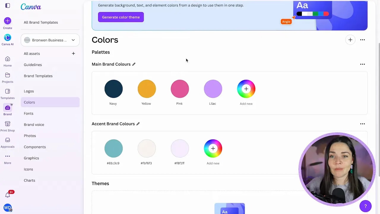 Canva Brand Kit colours page showing main brand colours and accent colours