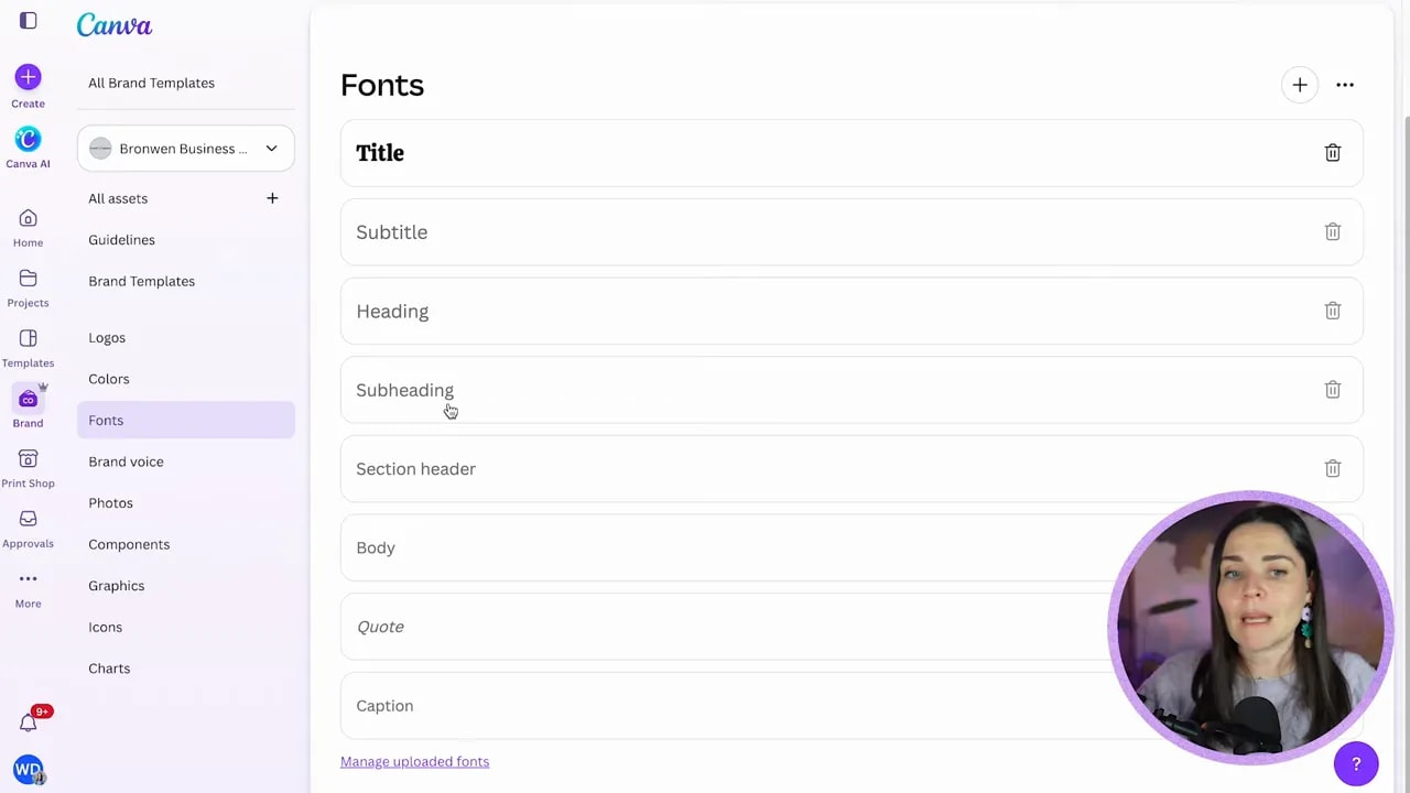 Canva Brand Kit fonts page with title and body font settings