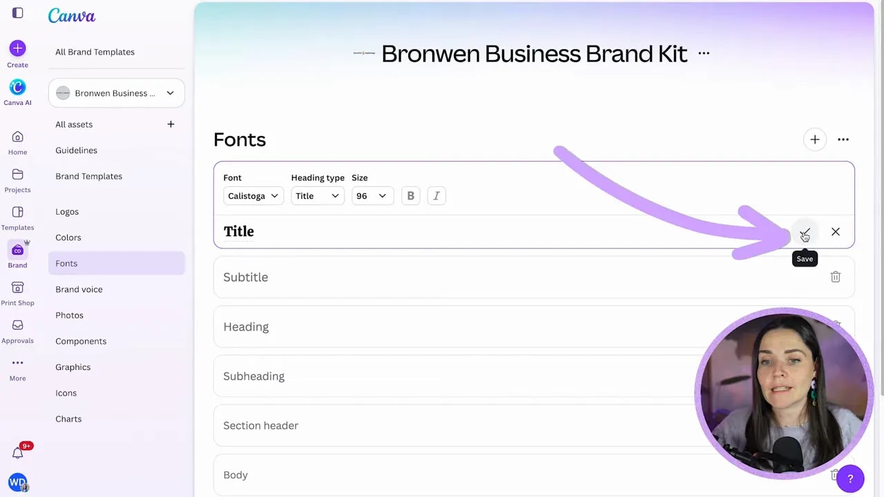 Canva Fonts section showing saved title, subtitle, heading and body text styles