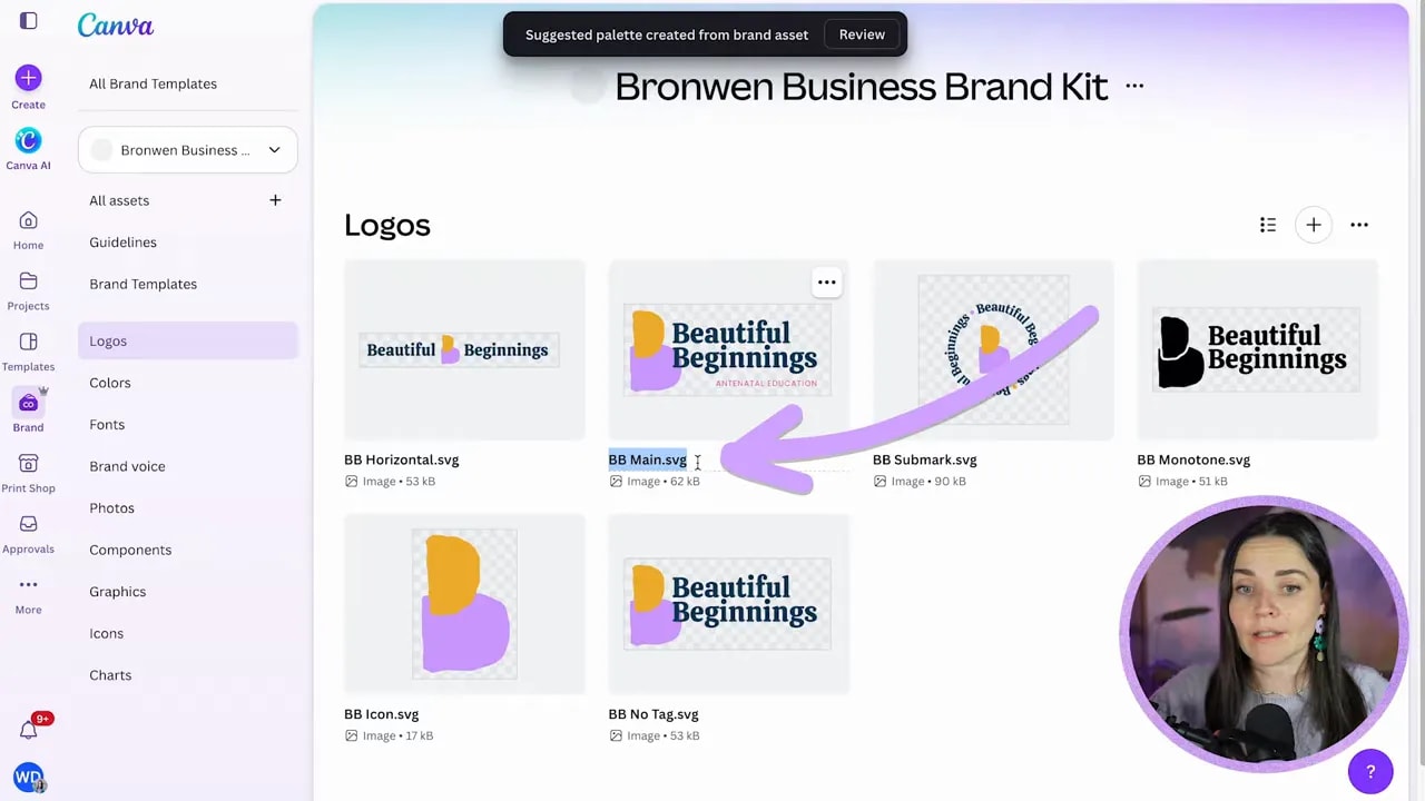 Canva Brand Kit logos section displaying multiple logo variations