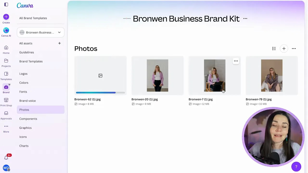 Canva Brand Kit Photos section showing uploaded portrait photographs
