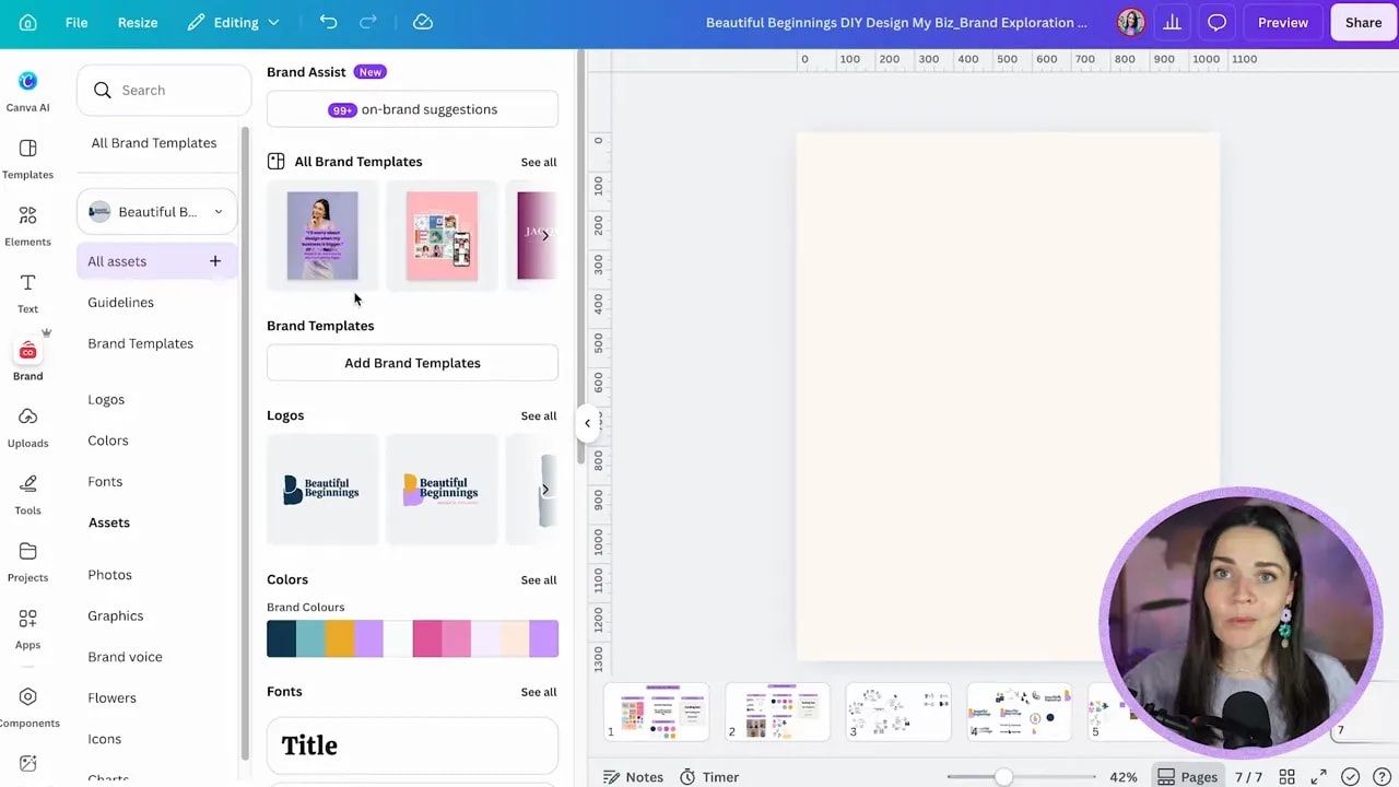 Canva design editor with the Brand panel showing logos, colours, fonts and photos