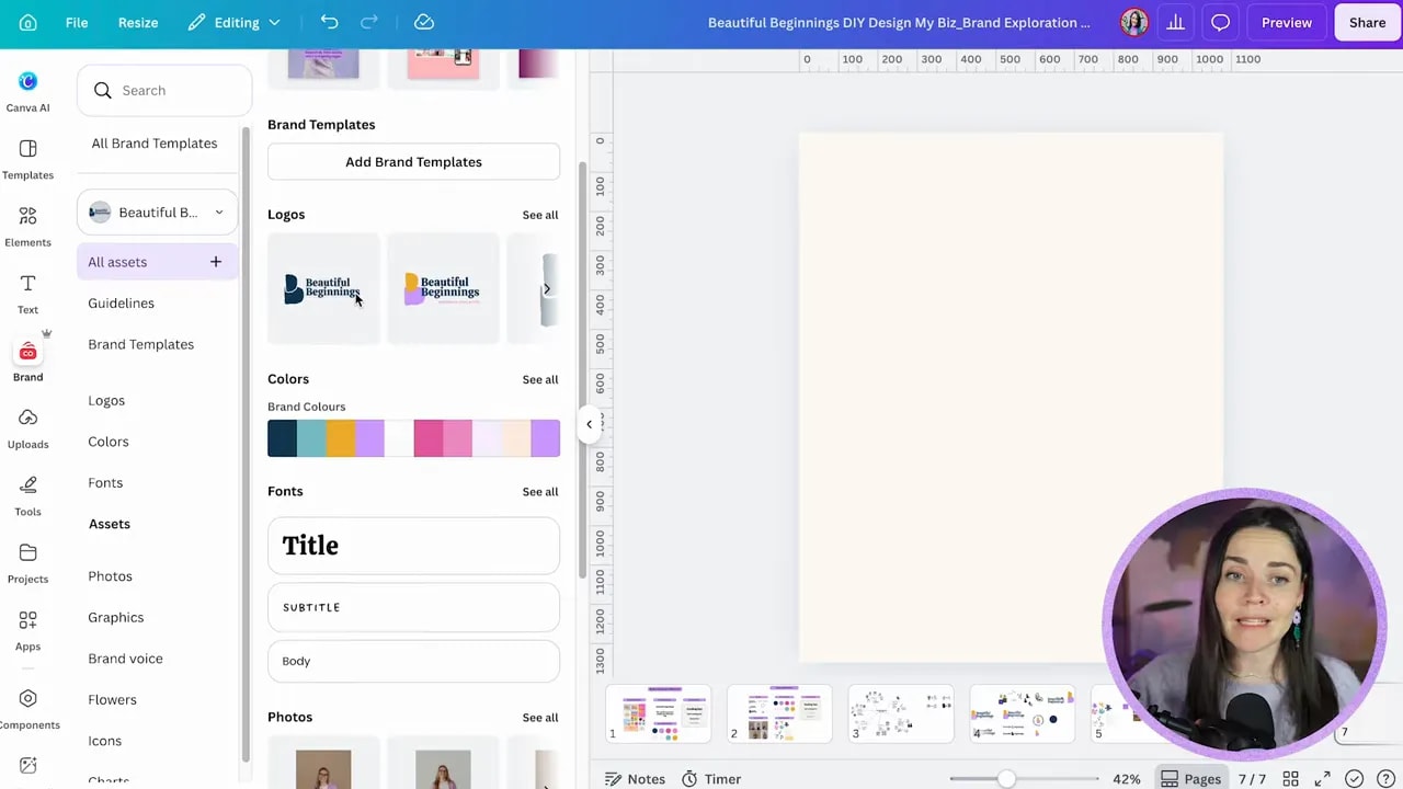 Canva design editor with Brand panel showing logos colours fonts and photos