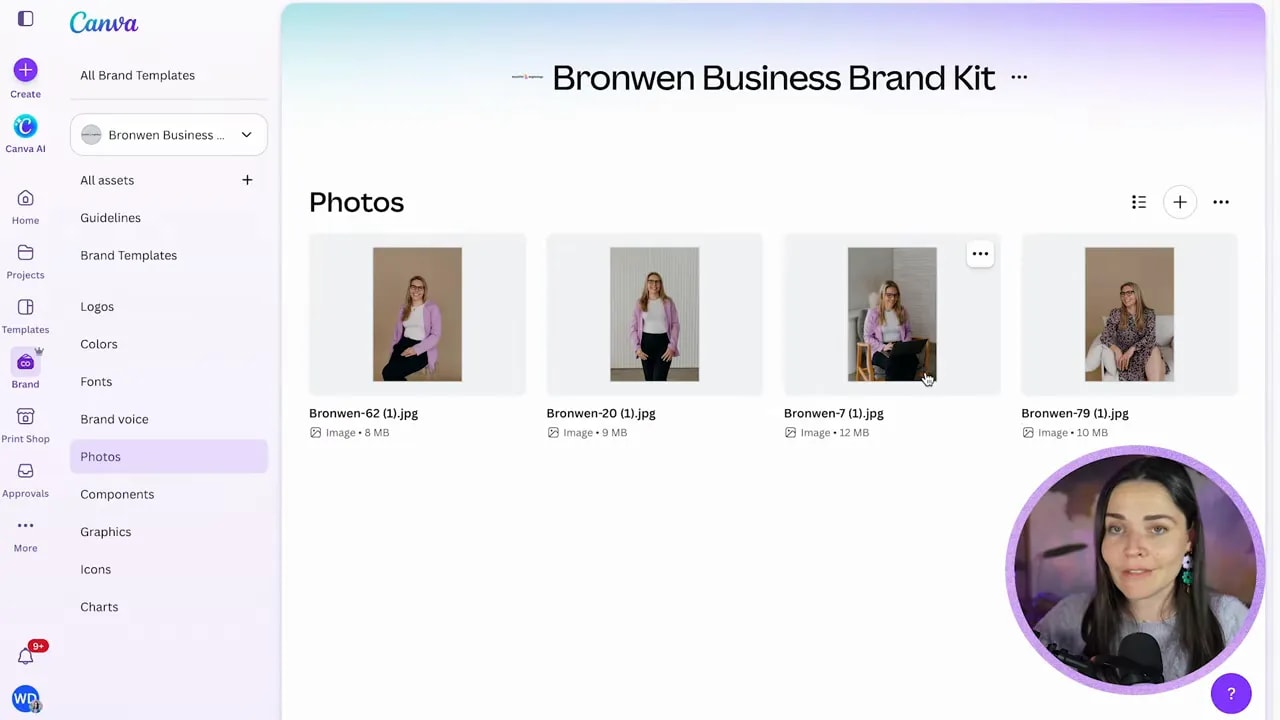 Canva Brand Kit photos section showing uploaded portrait photos