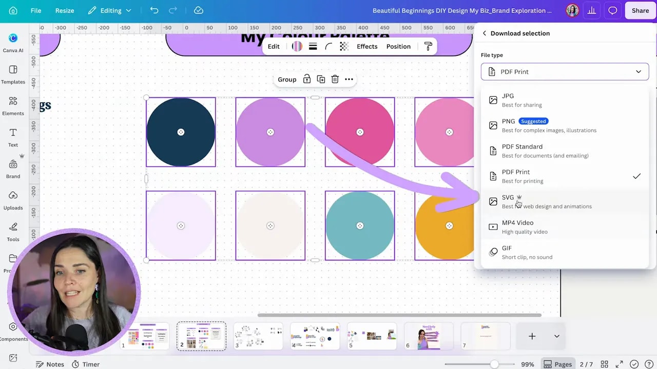Canva menu showing a selected colour palette prepared for download as an SVG