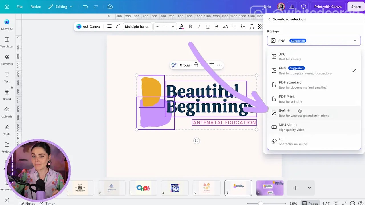 Canva download settings showing SVG file type option and transparent background setting