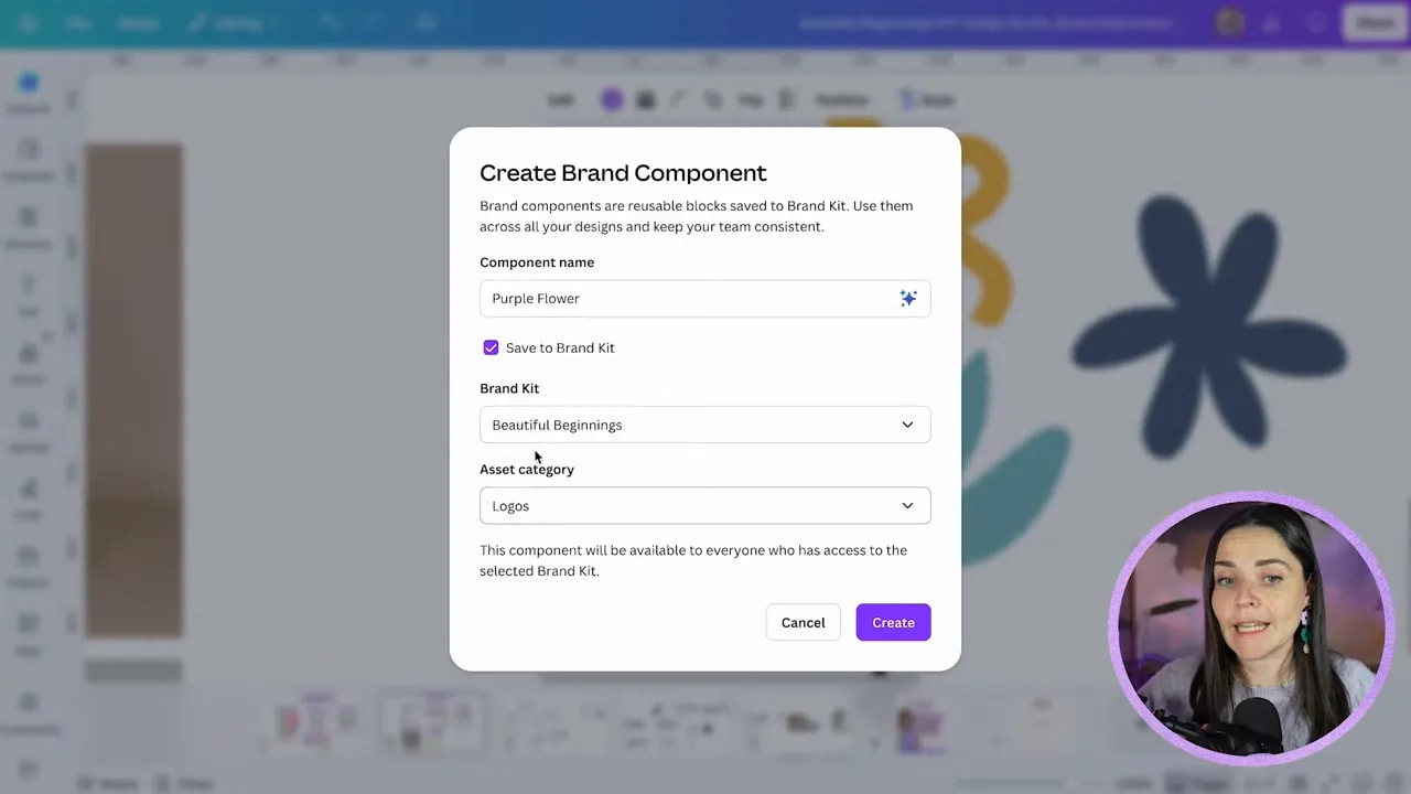 Canva Create Brand Component dialog with asset category and brand kit options