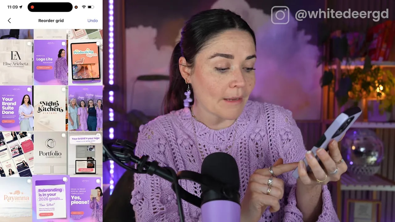 Instagram grid editing screen with posts repositioned across the profile layout
