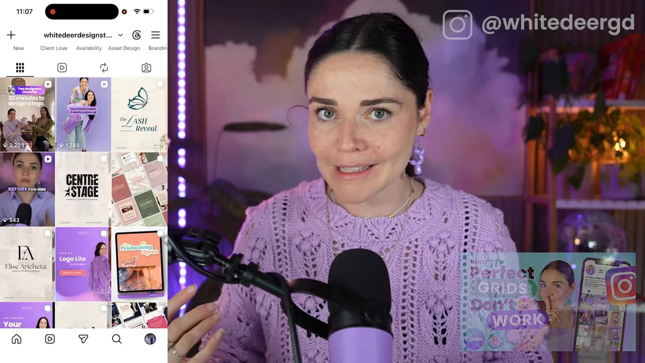 Instagram profile grid with several purple graphic posts grouped near the bottom