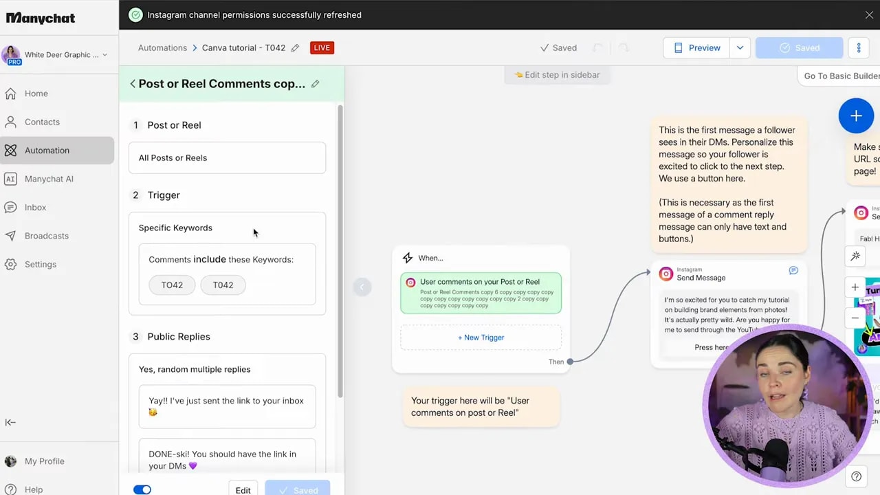 ManyChat automation builder with comment trigger settings and connected message flow