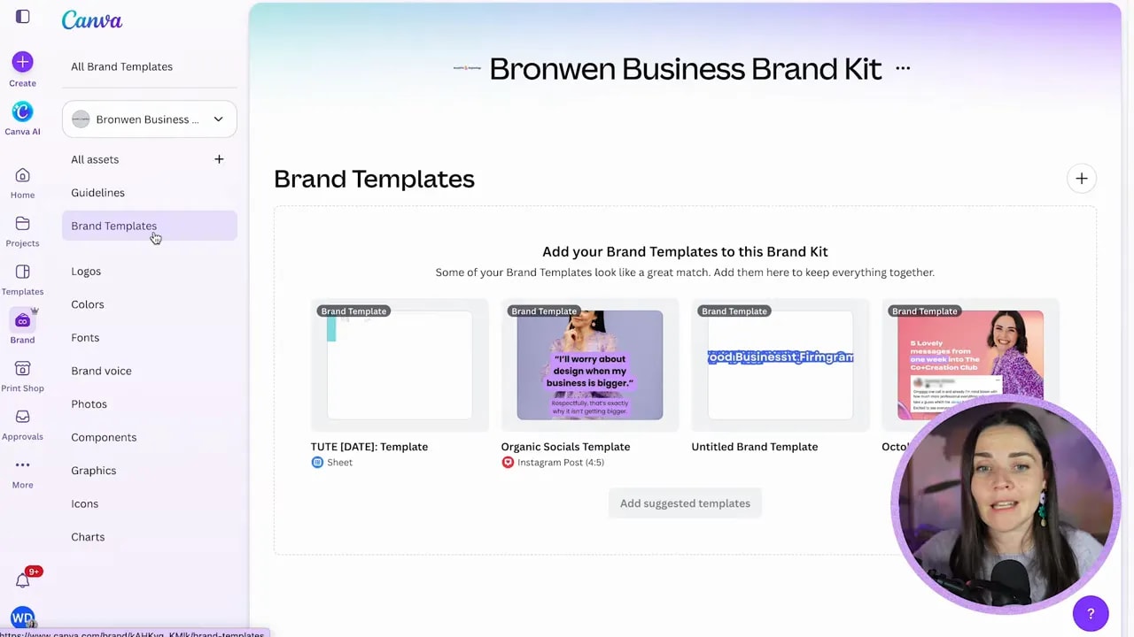 Canva Brand Templates page showing saved template thumbnails