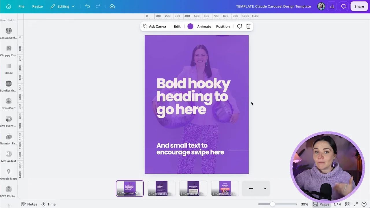 Canva editor showing a purple carousel cover with bold heading text