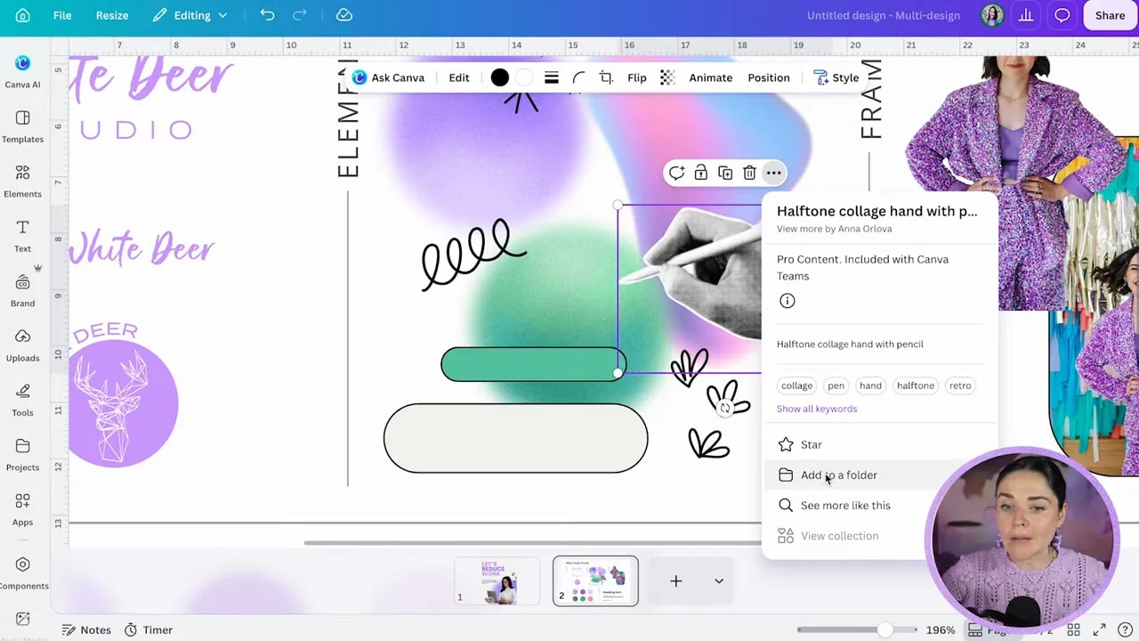 Canva element information panel with Add to folder option highlighted