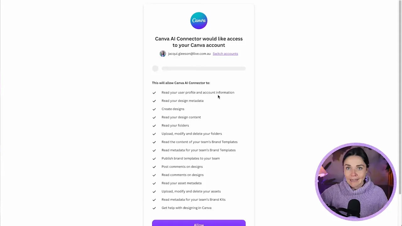 Canva authorization page listing access permissions with an Allow button