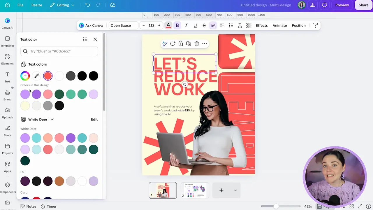 Canva colour picker showing colours used in the design beside a social post template