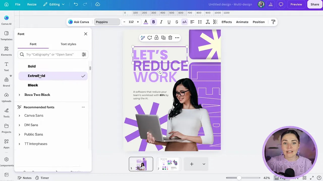 Canva font menu showing document fonts while editing purple text in a social post