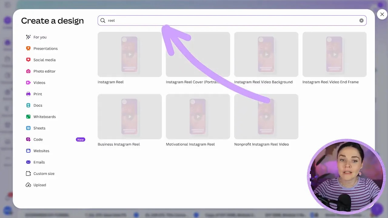 Canva create a design menu showing Instagram Reel search results