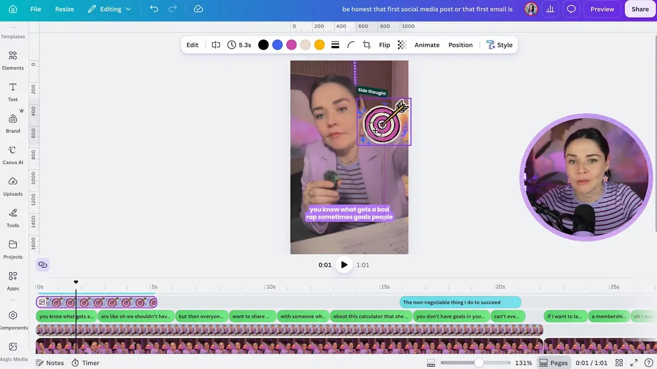 Canva reel preview showing a target illustration layered beside the speaker with captions below