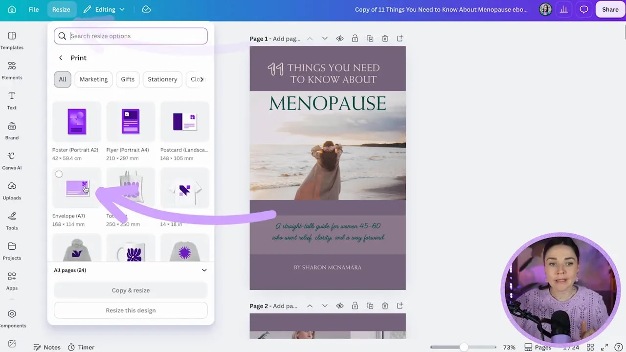 Canva resize panel showing print document size options beside a menopause lead magnet cover