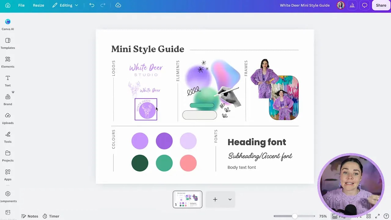 Canva page titled Mini Style Guide with brand graphics colour swatches and font samples