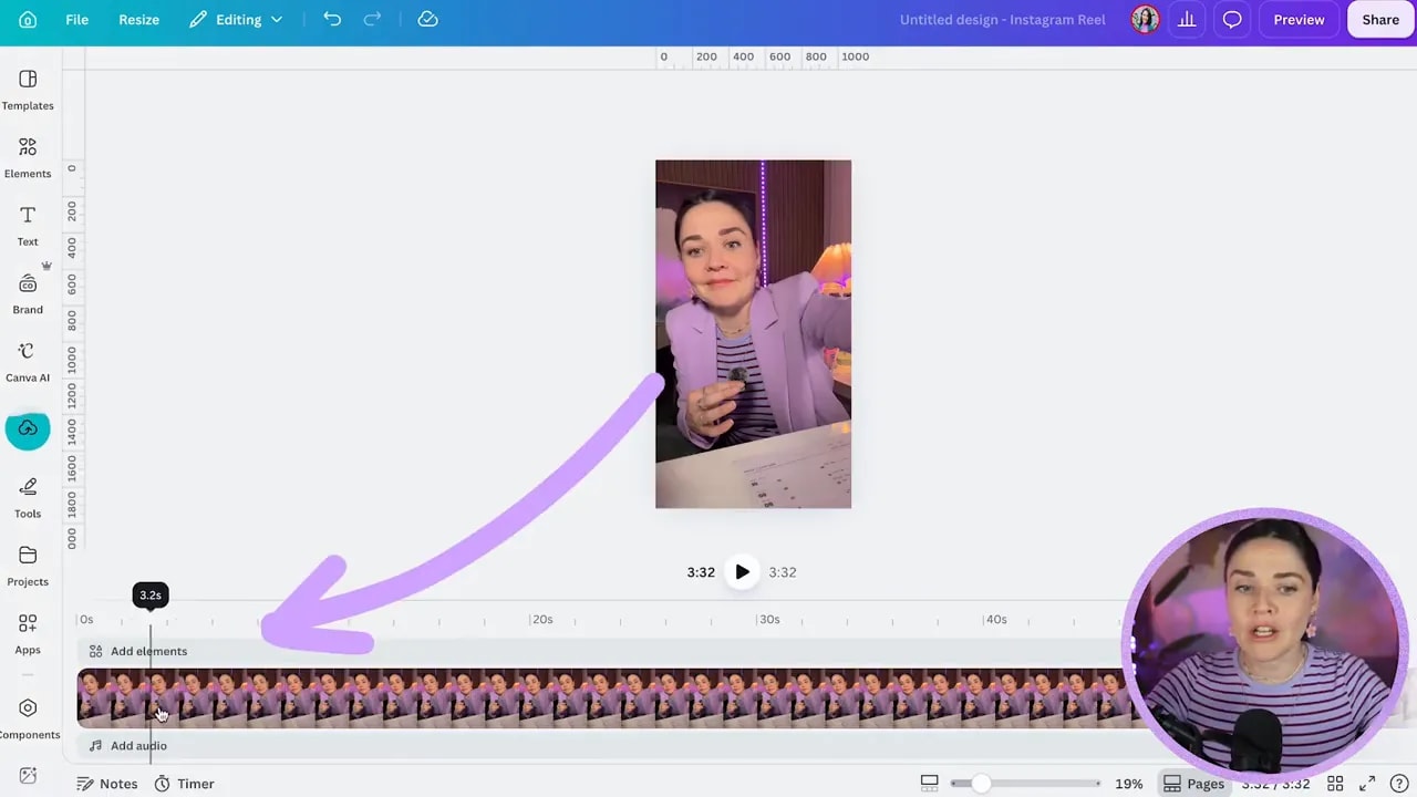 Canva video editor showing a vertical video and timeline at the bottom