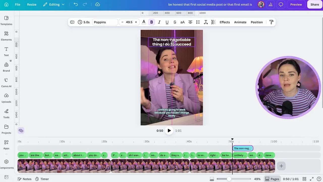 Canva reel with a white hook text box placed above a speaker and captions below