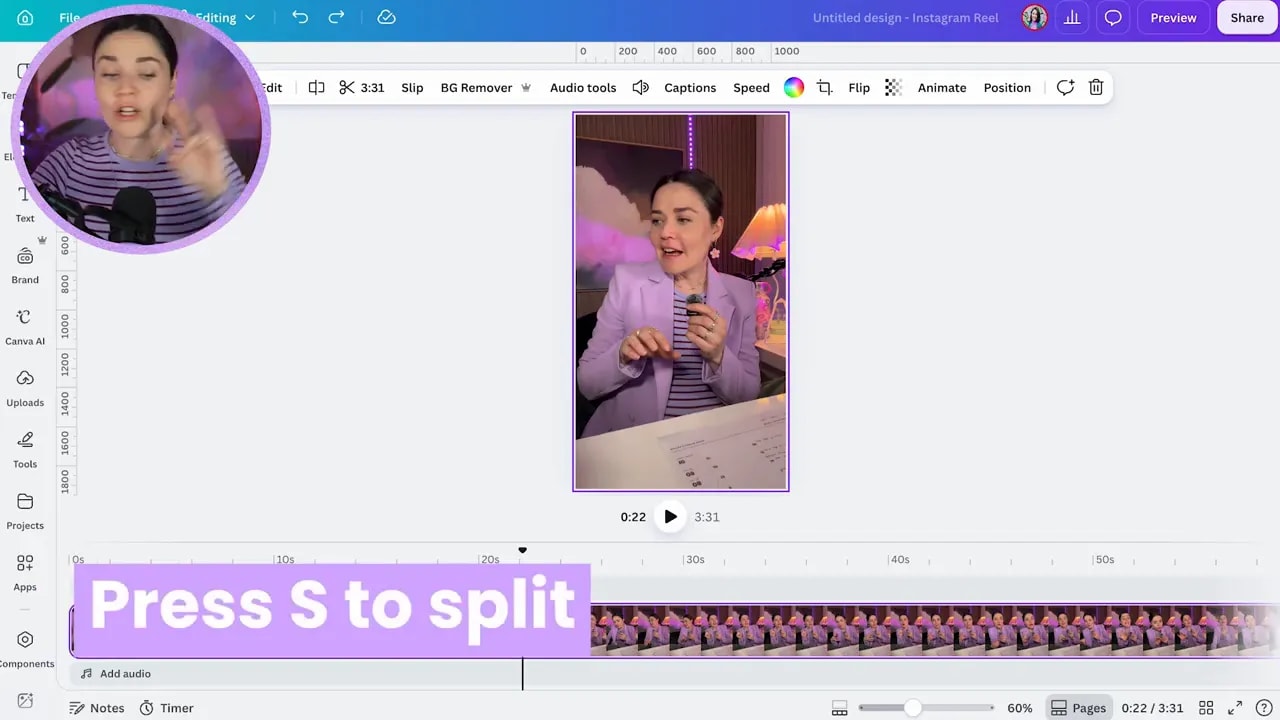 Canva timeline with on-screen text reading Press S to split