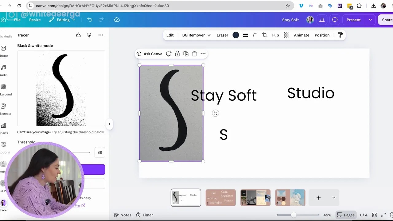 Canva canvas showing a traced black S-shaped hand-drawn logo icon