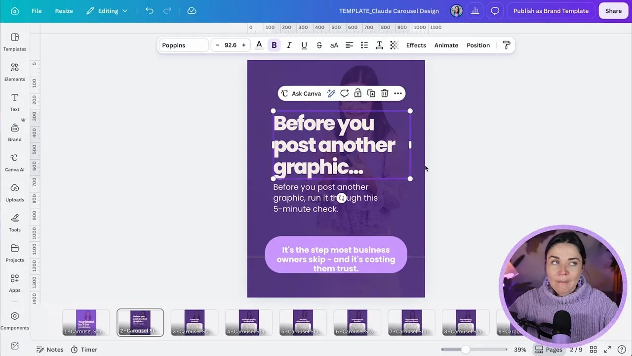 Canva editor showing a polished purple carousel slide with the heading Before you post another graphic