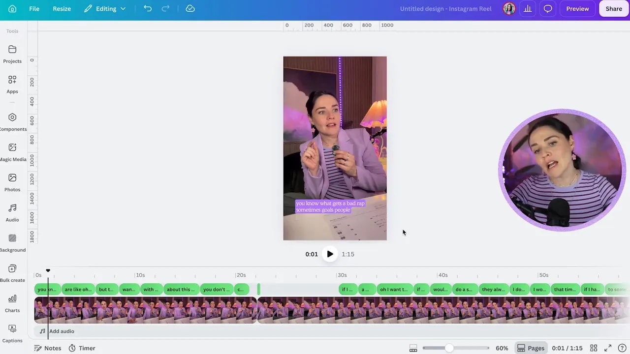 Canva reel preview with generated purple captions across the bottom
