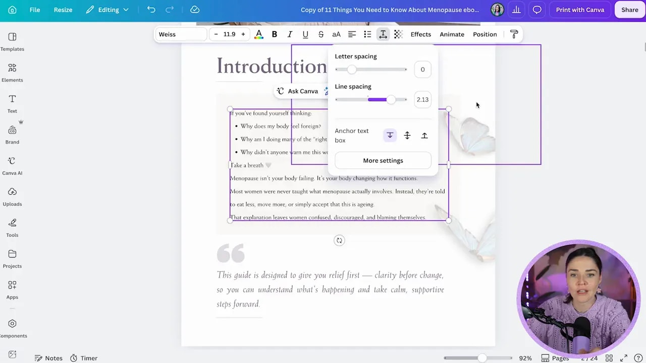 White introduction page in Canva with dark heading, body text, quote and pale butterfly illustrations