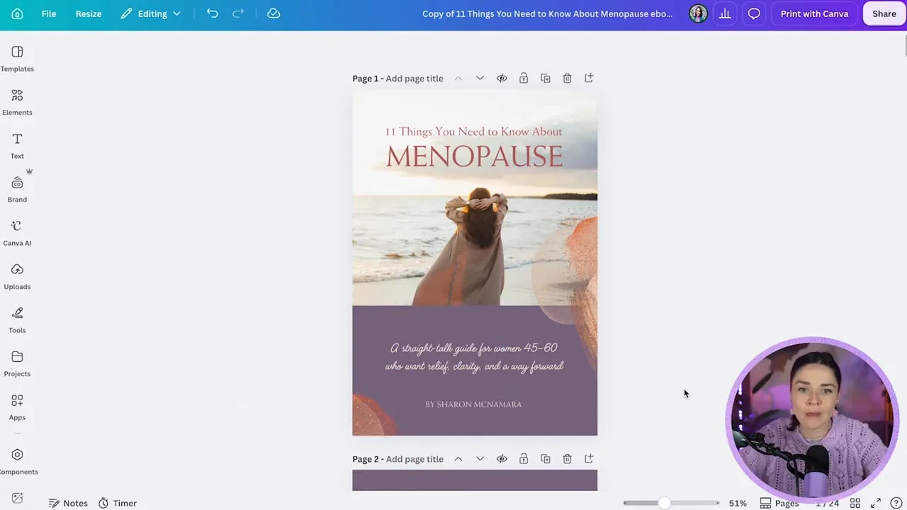 Canva editor showing a refined menopause lead magnet cover with beach photo and warm peach accent